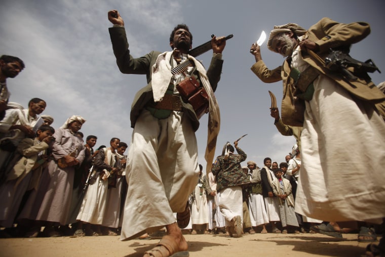 Tribesmen, loyal to the al-Houthi Shi'ite rebel group, perform the traditional Baraa dance in the northwestern Yemeni province of Saada, Yemen on July 12, 2012.