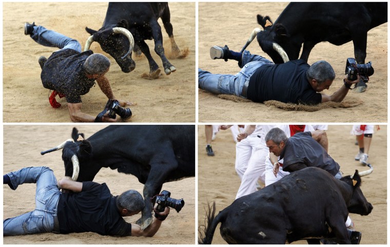 A combination photo, top to bottom and left to right, shows Reuters photographer Joseba Etxaburu being knocked down by a bull during festivities in the bullring following the sixth running of the bulls of the San Fermin festival in Pamplona on July 12, 2012. Etxaburu suffered some scratches on his right elbow but was able to continue shooting afterwards.