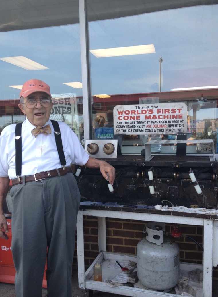 Albert Doumar, whose uncle Abe invented the  waffle cone in 1904, will be cranking out cones this weekend.