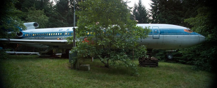 Campbell's 727 sits at dusk at his property in Hillsboro, Oregon. This image is stitched from three frames.