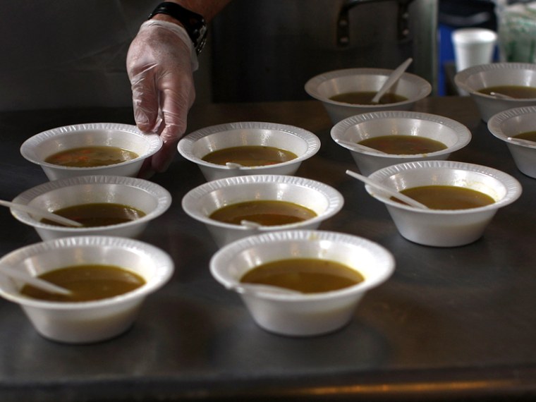 Pea soup is placed out on a table at a soup kitchen in a church March 26, 2009, in Waterbury, Conn..