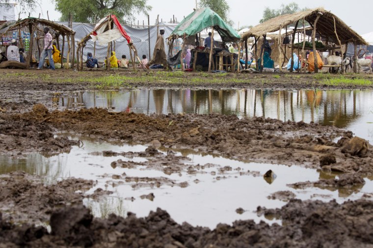 A camp sits near mud and water, a constant problem in the refugee camp, while many are moved to a different location on July 16, 2012 in the Jamam refugee camp of South Sudan.