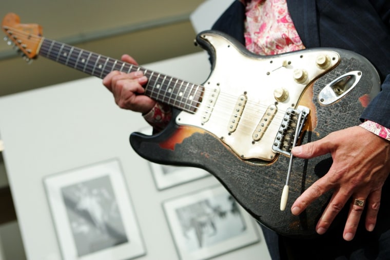 Jimi Hendrix's 1965 Fender Stratocaster is displayed at the Idea Generation Gallery in London.