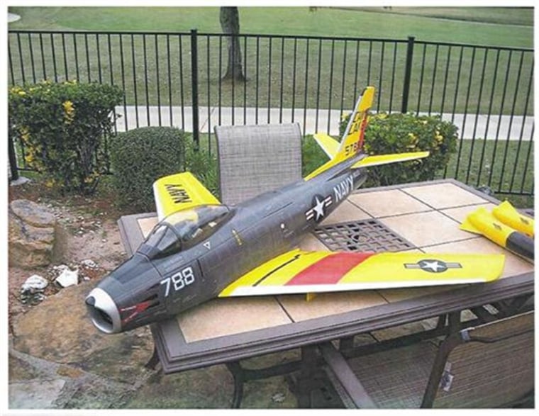A scale model of a U.S. Navy F-86 Sabre fighter plane in photo released by the U.S. Justice Department after being submitted to U.S. District Court in Massachusetts as part of a criminal complaint and affidavit filed by the Federal Bureau of Investigation in Boston, September 28, 2011.