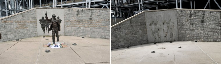 The site outside Beaver Stadium before and after the statue's removal.