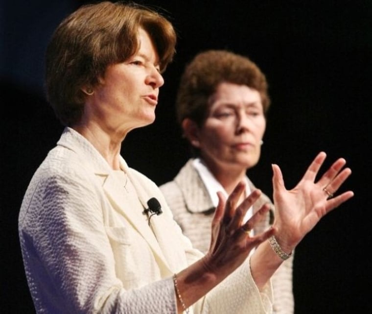 Former astronaut Sally Ride, left, and her partner, Tam O'Shaughnessy, discuss the role of women in science and how the earth's climate is changing during a 2008 American Library Association conference in Anaheim, Calif. Ride and O'Shaughnessy collaborated on several children's books on science.