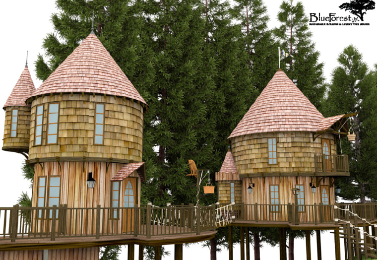 The plans for J.K. Rowling's tree houses include balconies, lanterns and cedar roofs made from sustainable wood.