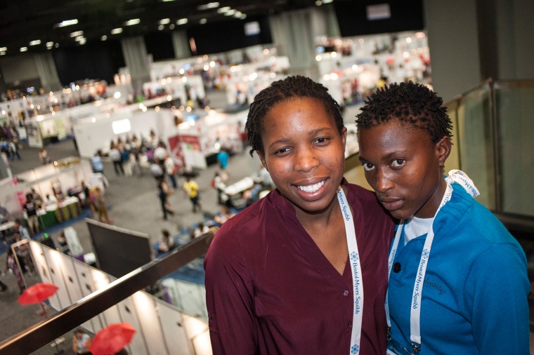 Sthokozo Mabaso (maroon top) and Mandisa Madikane (blue top), with GlobalGirl Media at the 2012 International AIDS Conference in Washington, D.C. on Wednesday.