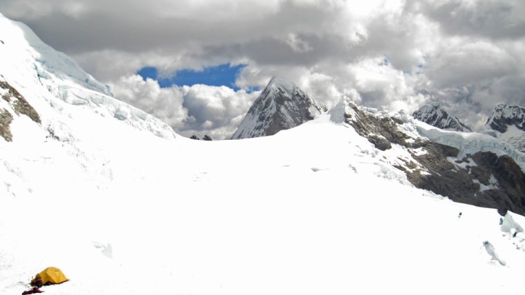 A Peru police photo shows a yellow tent believed by authorities to belong to U.S. climbers Gil Weiss and Ben Horne near Palcaraju Peak in Huaraz, Peru.