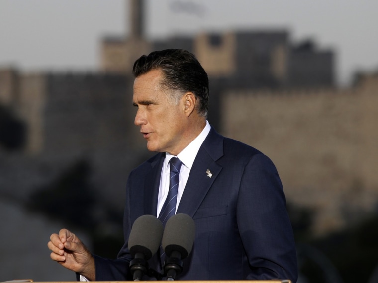Republican presidential candidate Mitt Romney delivers a specch in Jerusalem July 29.