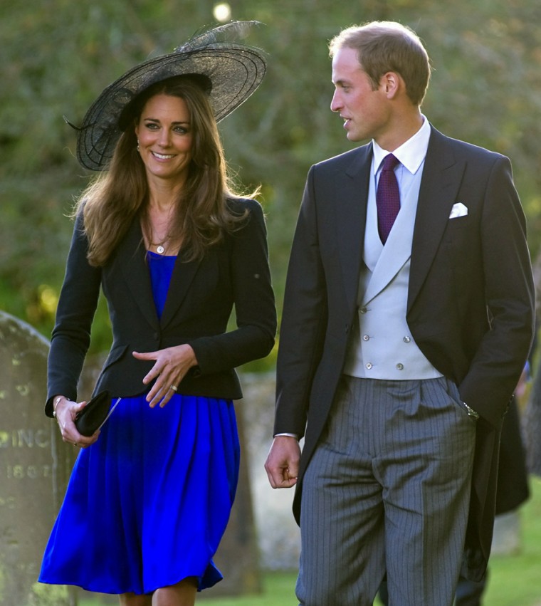 Accompanied by Prince William, Kate Middleton wears an Aurora picture hat to the wedding of Harry Meade, on October 23, 2010.