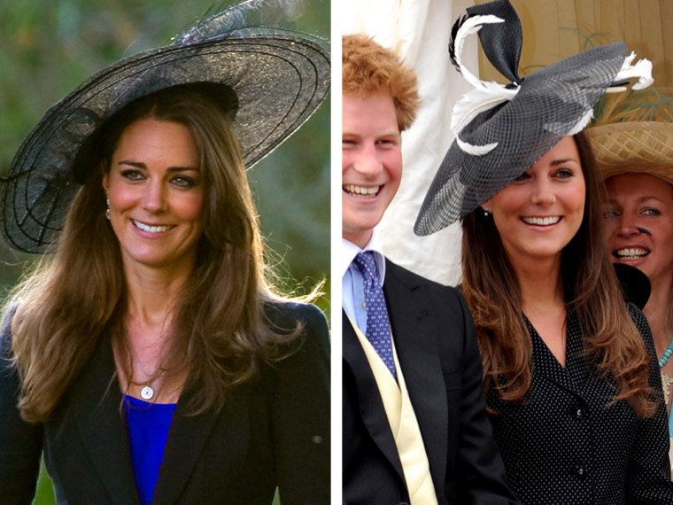 Hats worn by the Duchess of Cambridge to special occasions back when she was just Kate Middleton are being auctioned on June 27. She wore the Aurora hat, left, to a wedding in 2010, and the Philip Somerville creation, right, to the Order of the Garter in 2008.