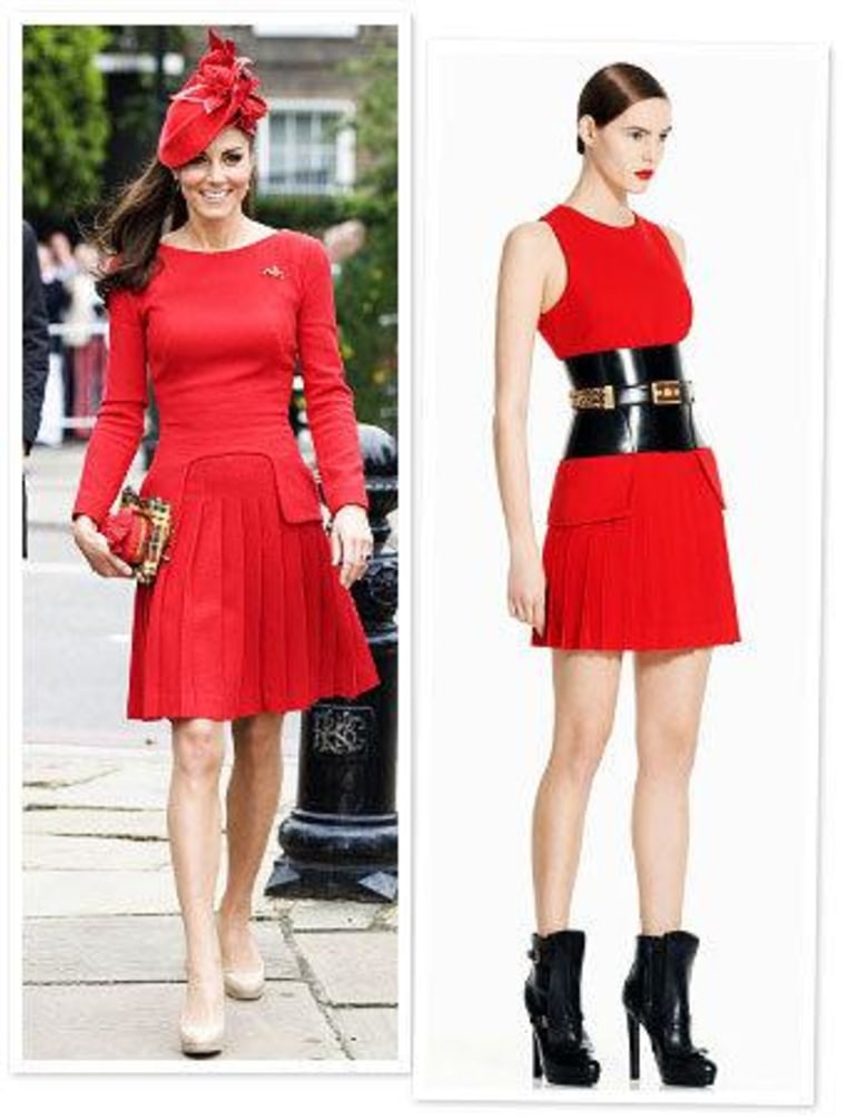 Duchess Kate isn't afraid to dip her royal toes into designer territory, as she recently wore a bright red number (right) from Alexander McQueen.