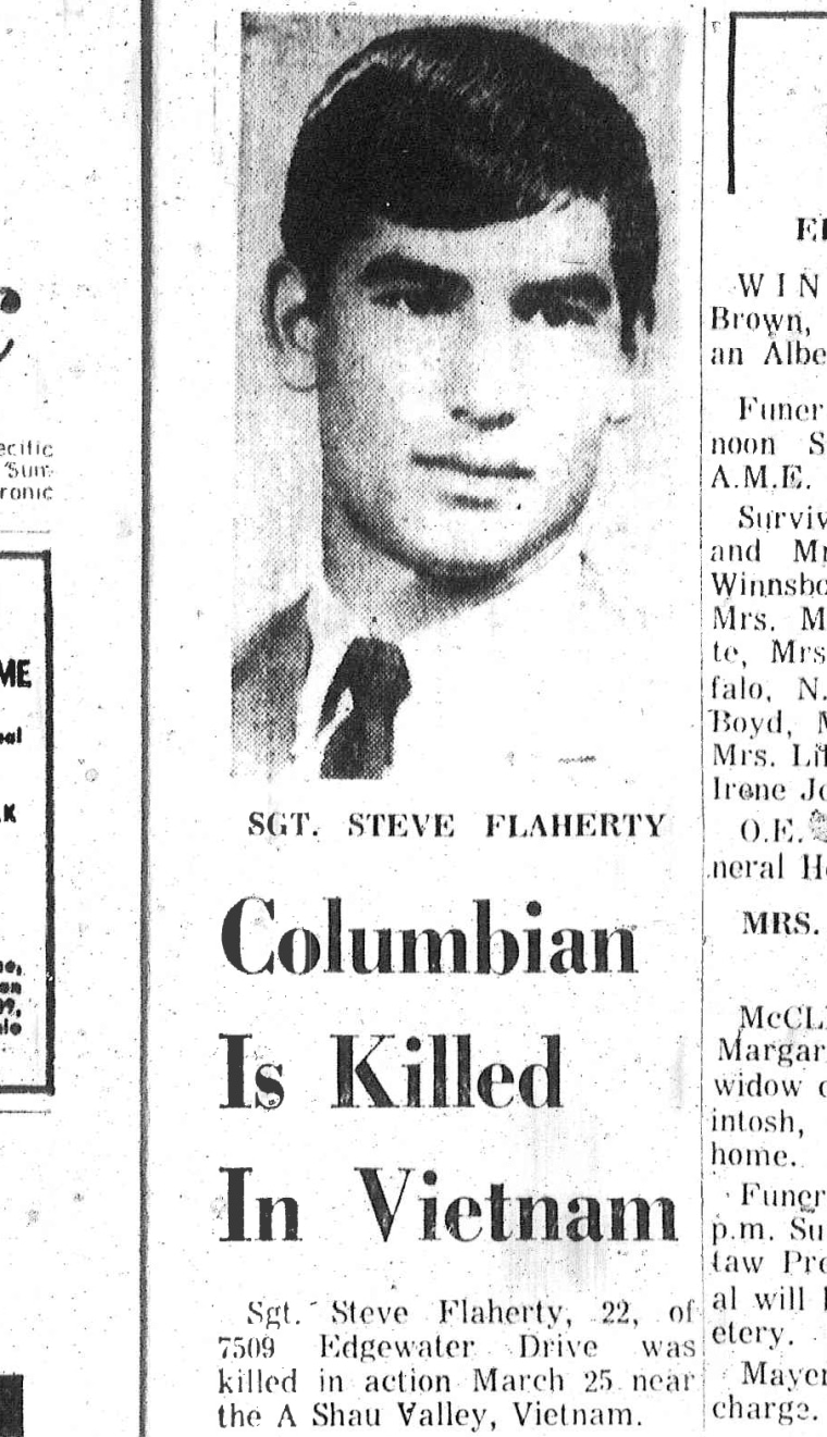The obit of Steve Flaherty of Columbia, S.C. published in The State Newspaper on March 30, 1969.