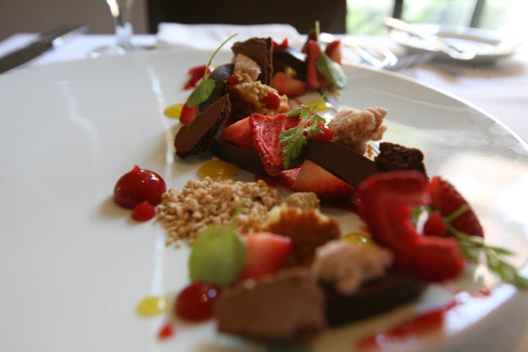 Bitter chocolate ganache with strawberries, olive oil, and malt at Clio restaurant in Boston, by pastry chef Chris Cordeiro.