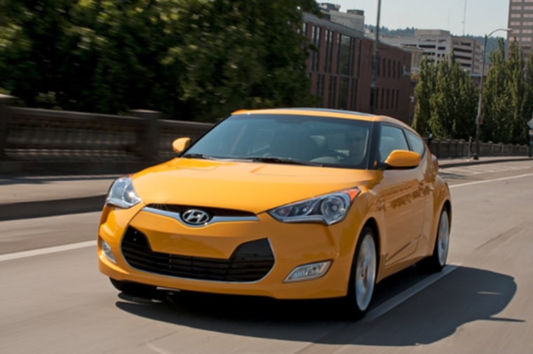 The Hyundai Veloster has great style and looks as if it might go fast, even though it's seriously sluggish on hills and can't overpower a stiff headwind. No matter, the Veloster is sweet in cheerful Vitamin C orange.