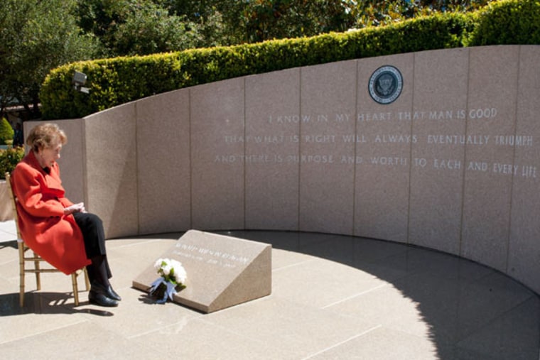 Nancy Reagan visiting her late husband's grave in Simi Valley, California on Tuesday.