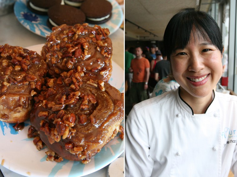 Chef Joanne Chang (right) makes famously delicious sticky buns (left).