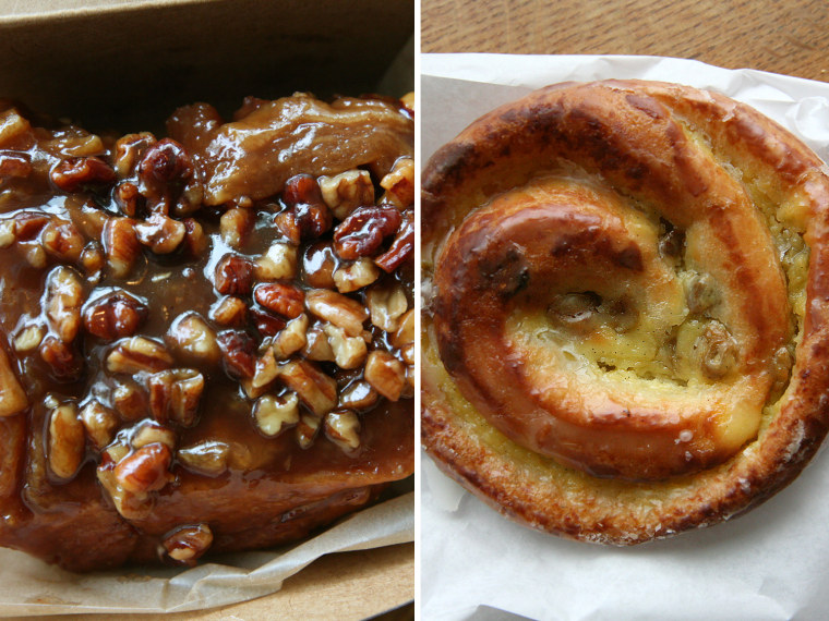 Flour bakery's sticky buns (left) and pain aux raisins (right).