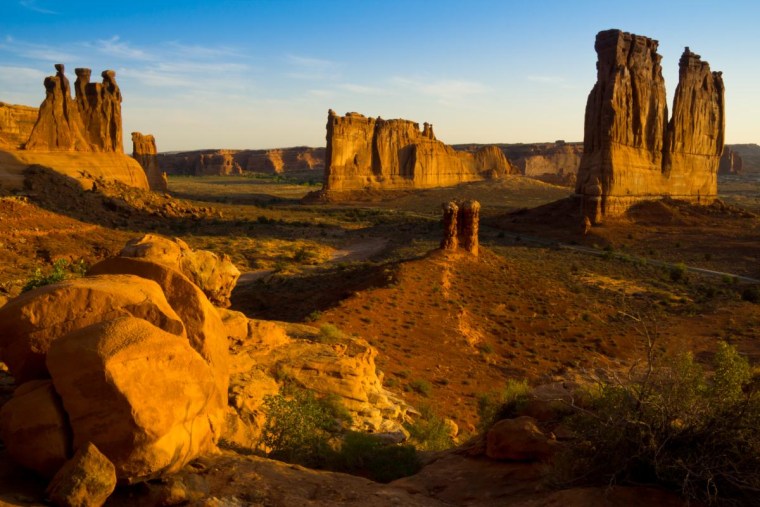 The Courthouse Towers in Arches National Park on a beautiful morning in June.