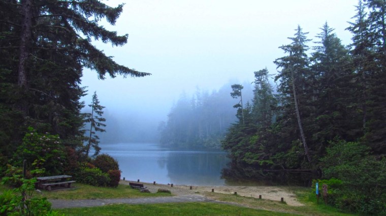 Lake Marie in the typical Oregon fog. This lake lies just yards from the Umpqua River Lighthouse in Winchester Bay, Ore.