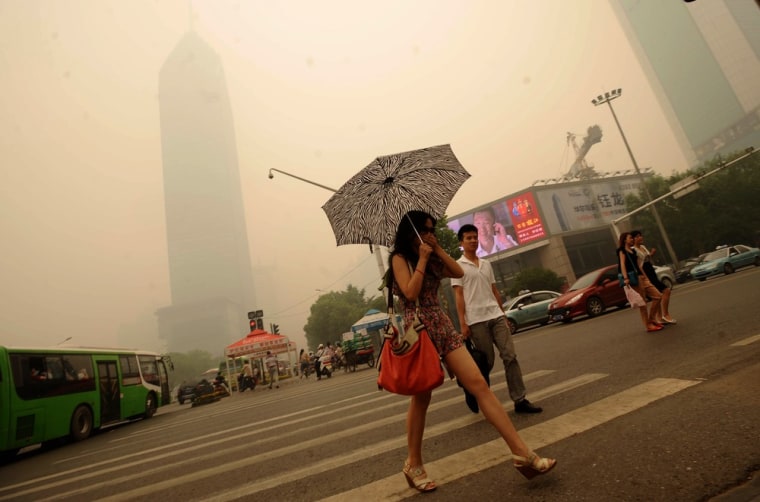 A Chinese woman covers her mouth as she makes her way along a busy intersection in Wuhan, central China's Hubei province on Monday. The Chinese metropolis of Wuhan was blanketed by thick yellowish cloud, raising fears of pollution among its nine million inhabitants, as air pollution is increasingly acute in major Chinese cities and authorities are frequently accused of underestimating the severity of the problem in urban areas, especially in Beijing.