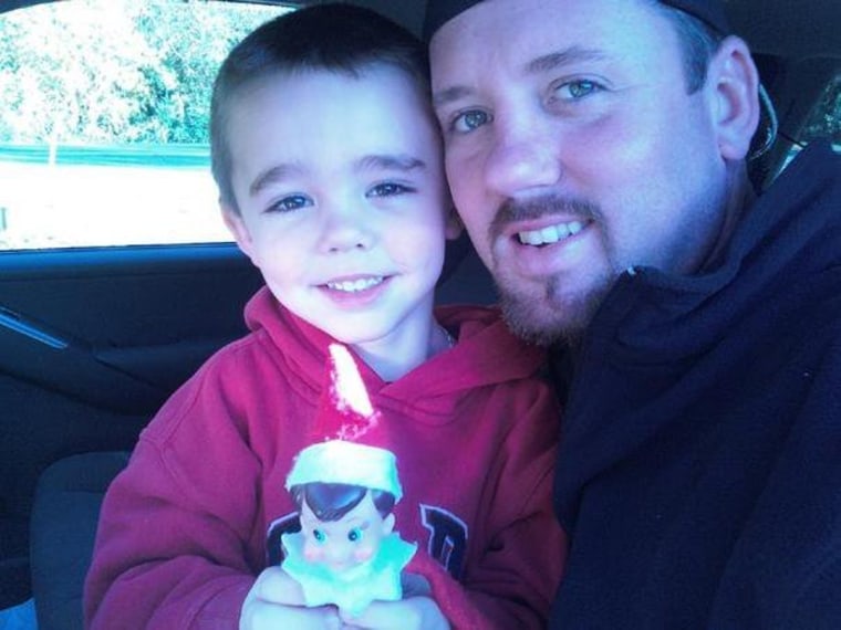 Gage and his Daddy...oh, and that''s Fisby, his elf on the shelf...Gage is my special little boy surviving AML Leukemia when he was 18 mos old..