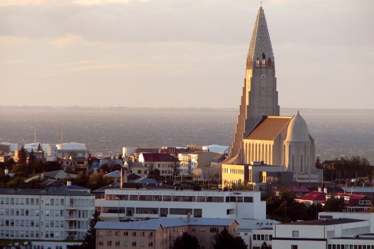 The Hallgrimskirkja church stands tall in Reykjavik, Iceland, the most peaceful nation on Earth.