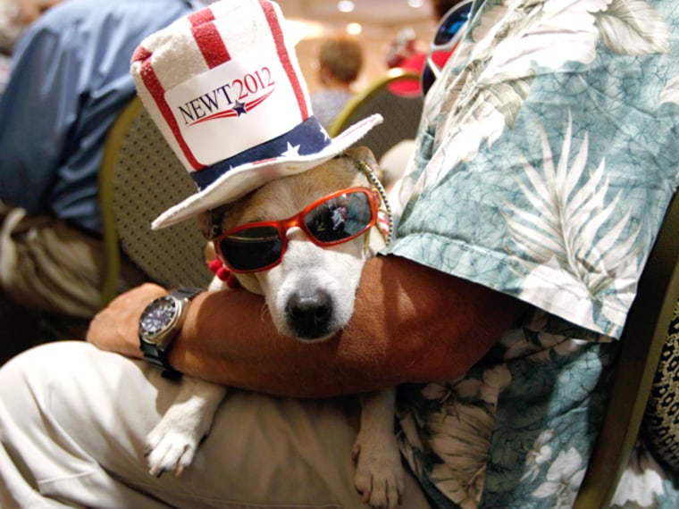 Andy Messing holds his service animal, Dick The Dog, at a Florida Gingrich campaign event in January.