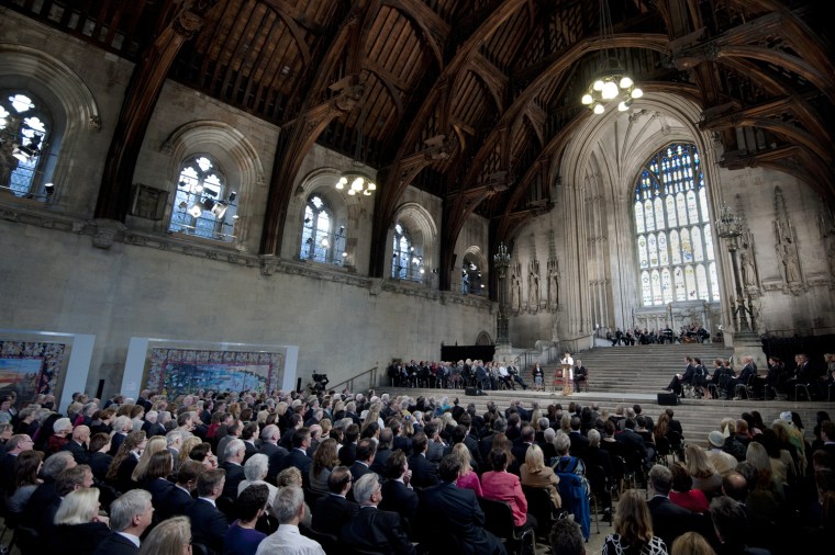 Aung San Suu Kyi makes an address to both houses of parliament in Westminster Hall. Suu Kyi's address made her the fifth foreign dignitary since World War II to be accorded the rare honor.
