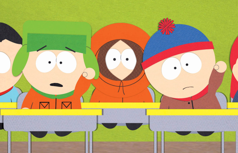 \"South Park\" characters Kyle, Kenny and Stan in a scene from the animated series.