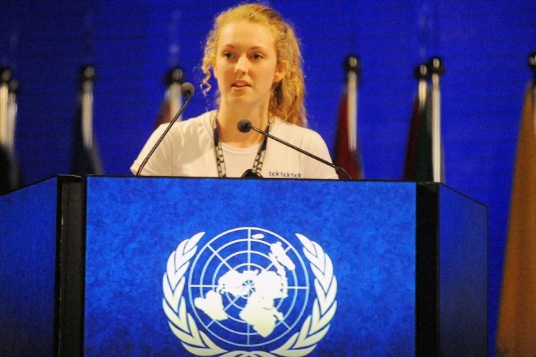 New Zealand student Brittany Trilford addresses the United Nations Conference on Sustainable Development in Rio de Janeiro, Brazil