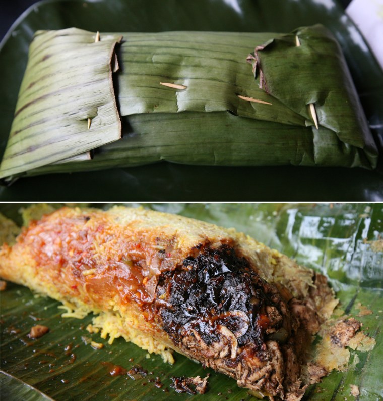 Chicken Lamprais dish at Sigiri in New York City. Above, wrapped in a banana leaf, below, unwrapped.