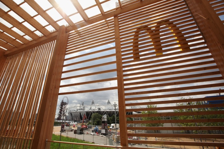 The Olympic Stadium is seen from the balcony of the world's largest McDonald's restaurant in London's Olympic Park.