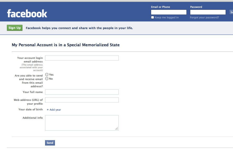 Facebook's help page for those who find their accounts in a \"Special Memorialized State.\"