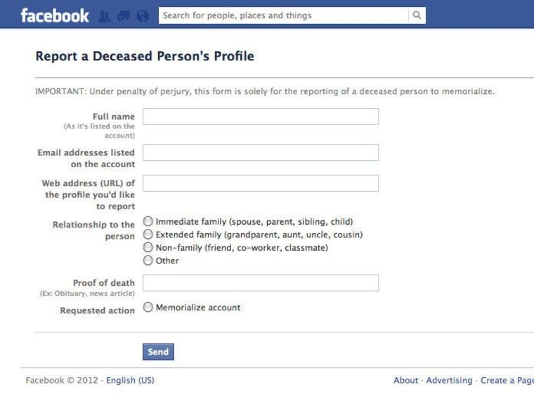 Facebook's \"Report a Deceased Person's Profile\" page.