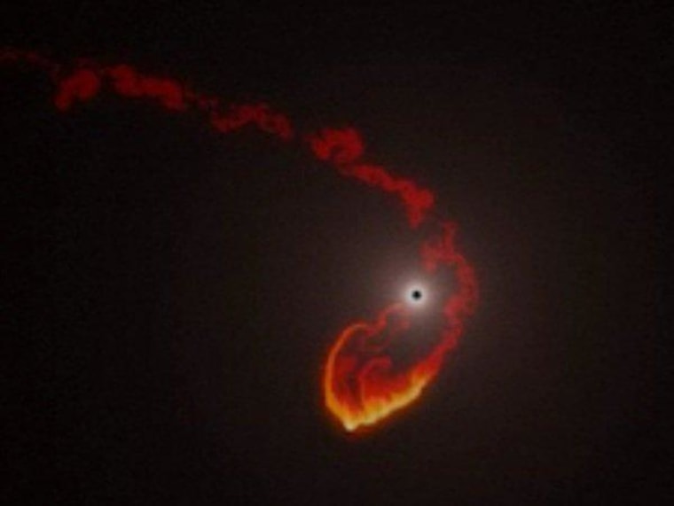 A computer simulation shows the elongation and breakup of a cloud of gas as it encounters the supermassive black hole at the center of our galaxy. Click on the image for an update and video on the encounter, which is expected to begin in 2013.