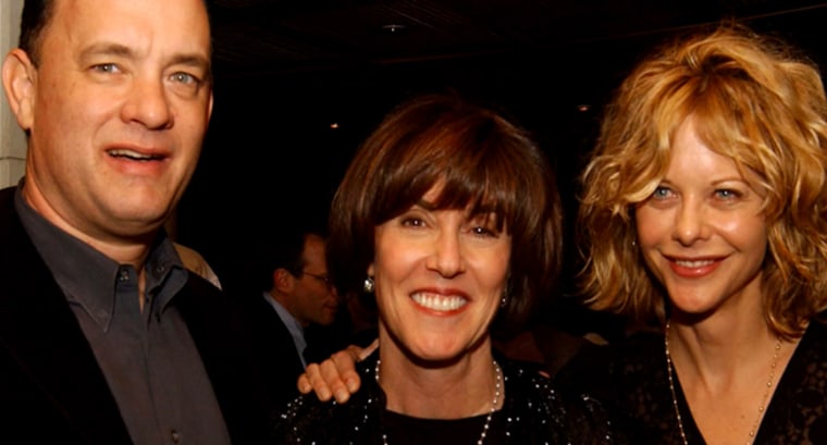 Director/screenwriter Nora Ephron (c.) with actor Tom Hanks (l.) and Meg Ryan (r.)