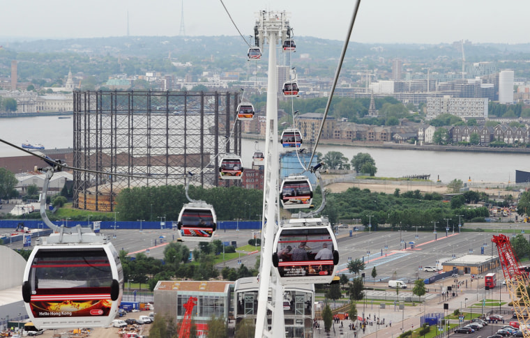 A view from a cable car as London Mayor Boris Johnson takes one of the first rides on the Emirates Air Line cable car across the River Thames prior to its official opening to the public this morning on June 28 in London, England.
