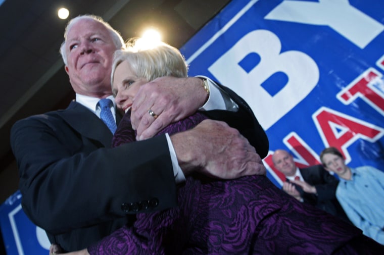 ATLANTA - DECEMBER 2: U.S. Sen. Saxby Chambliss (R-GA) hugs his wife Julianne after claiming victory at Republican Victory Celebration on December 2, 2008 in Atlanta, Georgia. Reports have put Chambliss as the projected winner against Democrat Jim Martin in a runoff election for U.S. Senate, ending hopes for Democrats for a 60-vote majority in the Senate. (Photo by Dave Martin/Getty Images) *** Local Caption *** Saxby Chambliss
