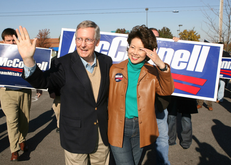 FLORENCE, KY - OCTOBER 31: U.S. Senate Minority Leader Sen. Mitch McConnell (R-KY) (C) and his wife U. S. Secretary of Labor Elaine Chao wave to supporters during a campaign stop on October 31, 2008 in Florence, Kentucky. McConnell is seeking re-election in a tight race with challenger former Kentucky Democratic Party treasurer Bruce Lunsford. (Photo by Mark Lyons/Getty Images) *** Local Caption *** Mitch McConnell;Elaine Chao