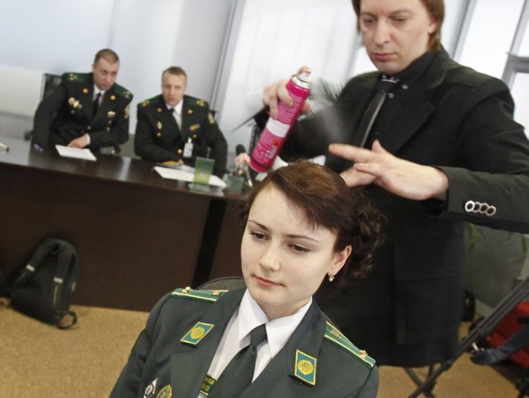 A Ukrainian border guard takes part in a master class in the Borispol airport near Kiev.