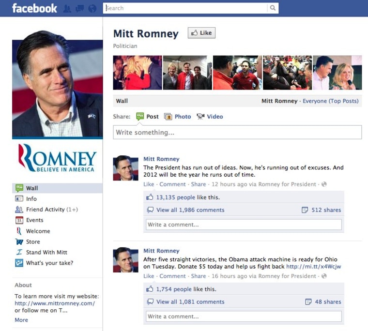 Screenshot of Mitt Romney's Facebook Wall
