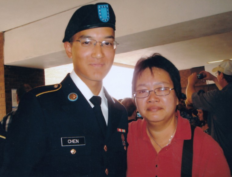 Pvt. Danny Chen, left, with his mother, Su Zhen Chen.