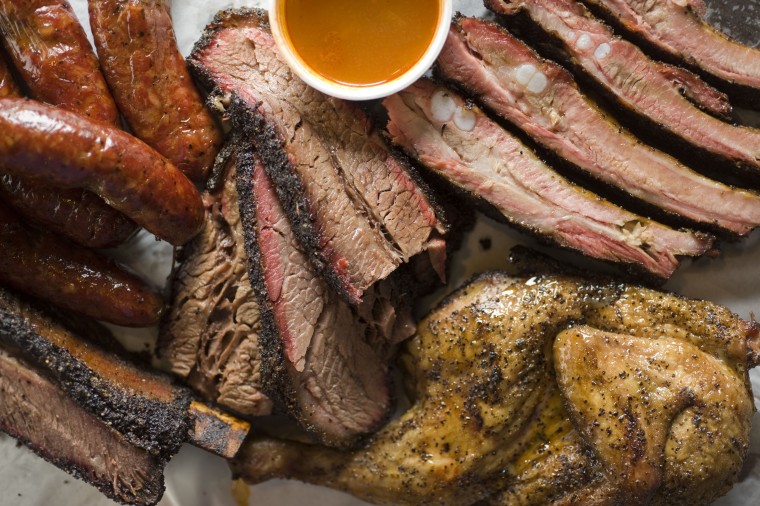 Assorted meats including sausage, brisket, beef ribs and barbecue chicken from Louie Mueller Barbecue in Taylor, Texas.