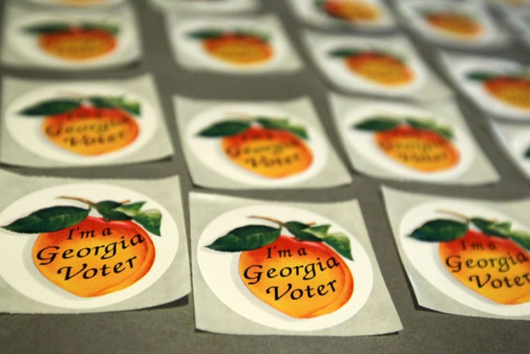\"I'm a Georgia Voter\" stickers on display at a polling station in Sandy Springs, Georgia.