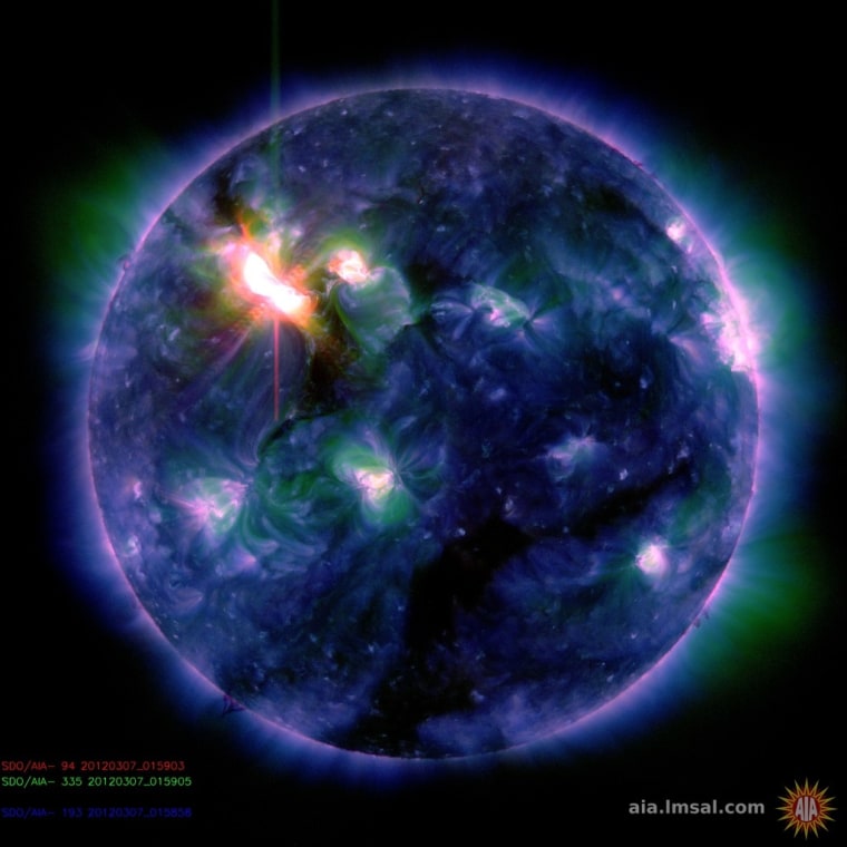 This color-coded image combines observations made by NASA's Solar Dynamics Observatory in several extreme ultraviolet wavelengths, highlighting a bright X-class flare toward the upper right of the sun's disk on March 6.