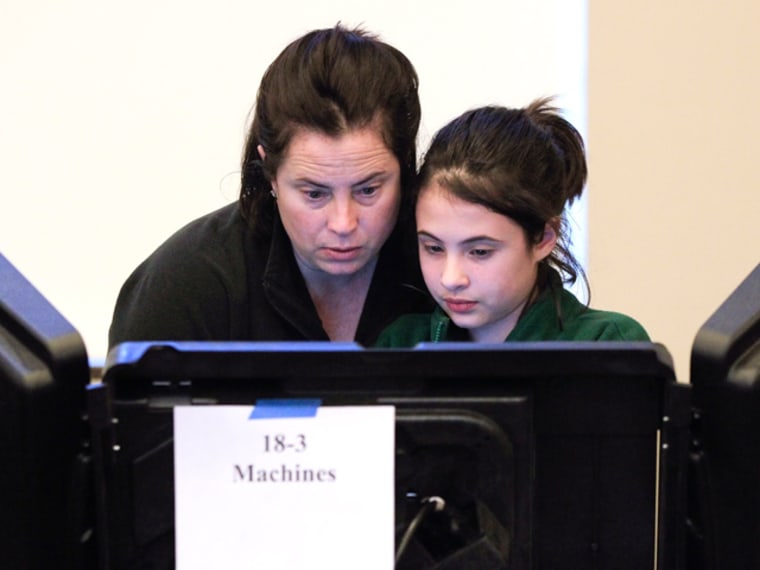 Dana Tepper votes as her daughter Sally, 12, watches at Eakin Elementary School on Tuesday, March 6, 2012, in Nashville, Tenn. Tennessee has 55 delegates up for grabs in the Republican presidential primary, third most among the 10 Super Tuesday states. (AP Photo/Mark Humphrey)
