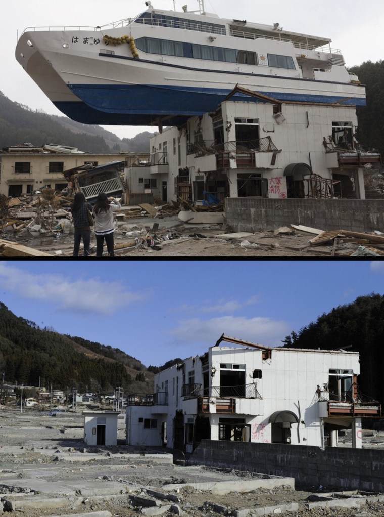 This combination of pictures shows a catamaran sightseeing boat washed by the tsunami onto a two-storey tourist home in Otsuchi, Iwate prefecture on April 16, 2011 (top) and the same area on January 16, 2012 (bottom). March 11, 2012 will mark the first anniversary of the massive tsunami that pummelled Japan, claiming more than 19,000 lives. AFP PHOTO / YASUYOSHI CHIBA (top) AFP PHOTO / TORU YAMANAKA (bottom) (Photo credit should read TORU YAMANAKA/AFP/Getty Images)