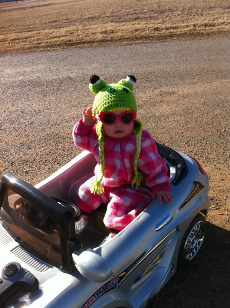 Hynlee, 8 months, headed out for a drive in her remote control ride-in car
